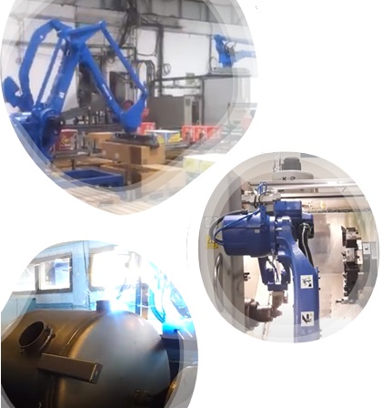 Three images of Galim robots projects: upper: palletising robot, Middle: machine tending robot, lower: robot at welding process